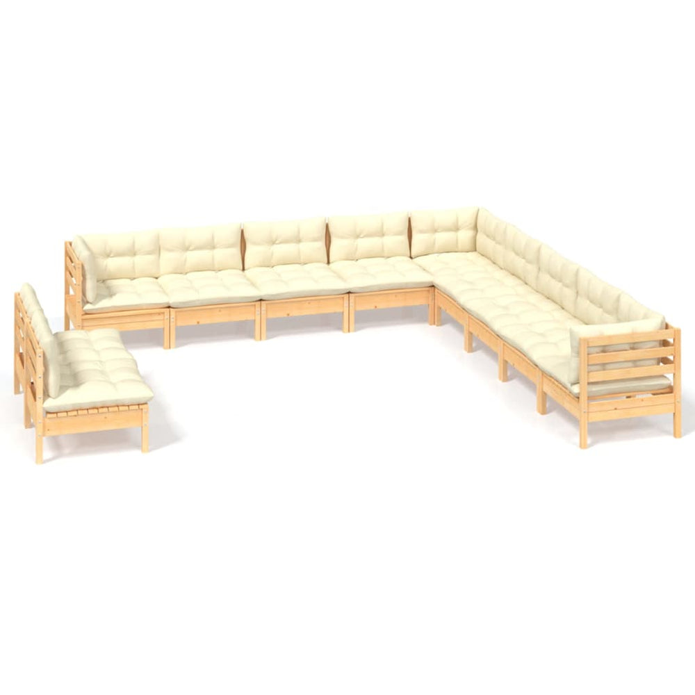 11-tlg. Garten-Lounge-Set mit Creme Kissen Massivholz Kiefer