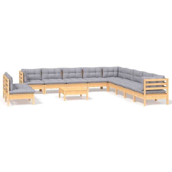 12-tlg. Garten-Lounge-Set mit Grauen Kissen Massivholz Kiefer
