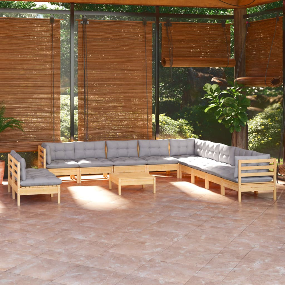 vidaXL Salon de jardin 12 pcs avec coussins gris Bois de pin massif