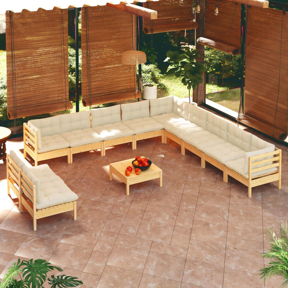 vidaXL Salon de jardin 12 pcs avec coussins crème Bois de pin massif