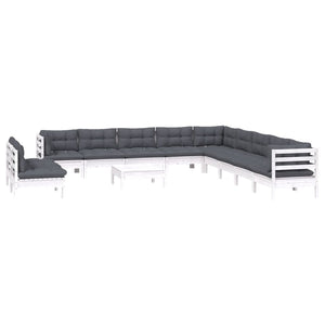 12-tlg. Garten-Lounge-Set mit Kissen Weiß Massivholz Kiefer
