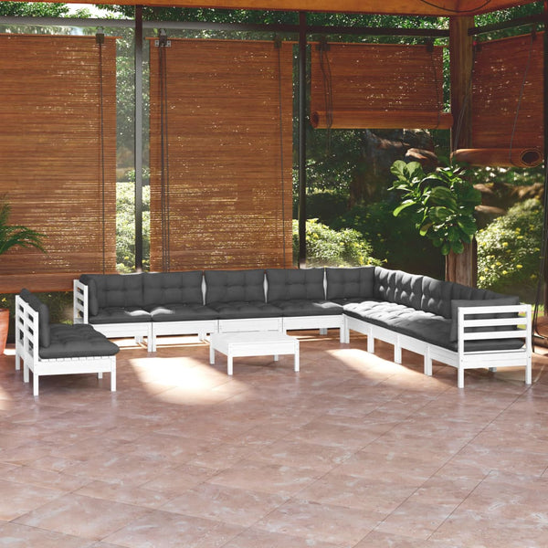 12-tlg. Garten-Lounge-Set mit Kissen Weiß Massivholz Kiefer