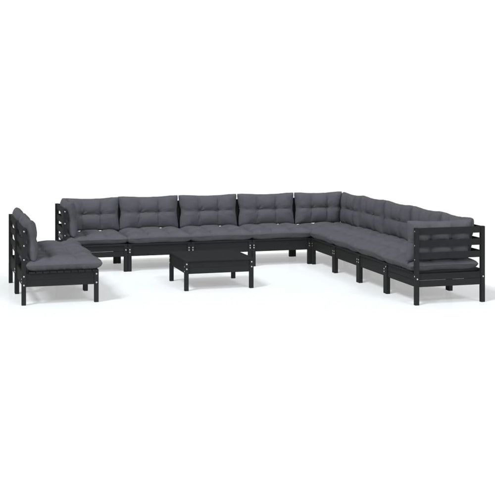 vidaXL Salon de jardin 12 pcs avec coussins Noir Bois de pin massif