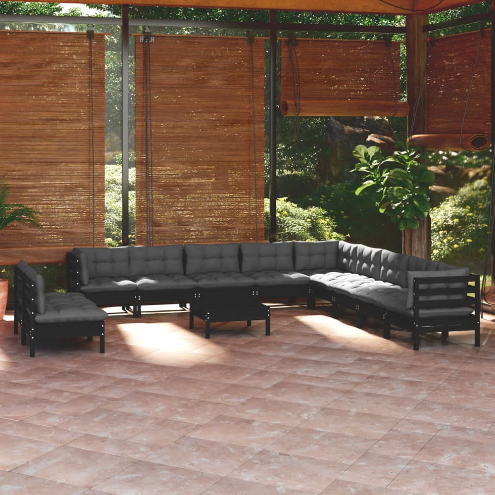 vidaXL Salon de jardin 12 pcs avec coussins Noir Bois de pin massif
