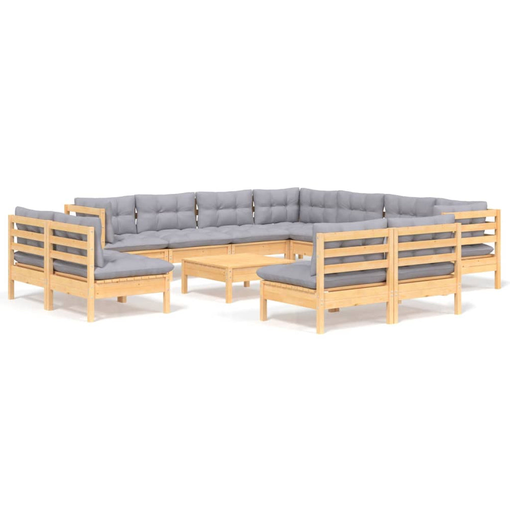 vidaXL Salon de jardin 12 pcs avec coussins gris Bois de pin massif
