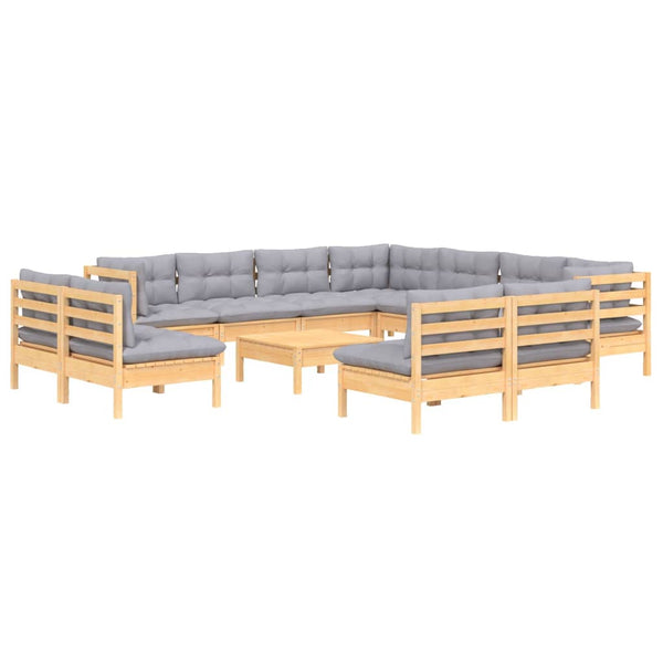 12-tlg. Garten-Lounge-Set mit Grauen Kissen Massivholz Kiefer