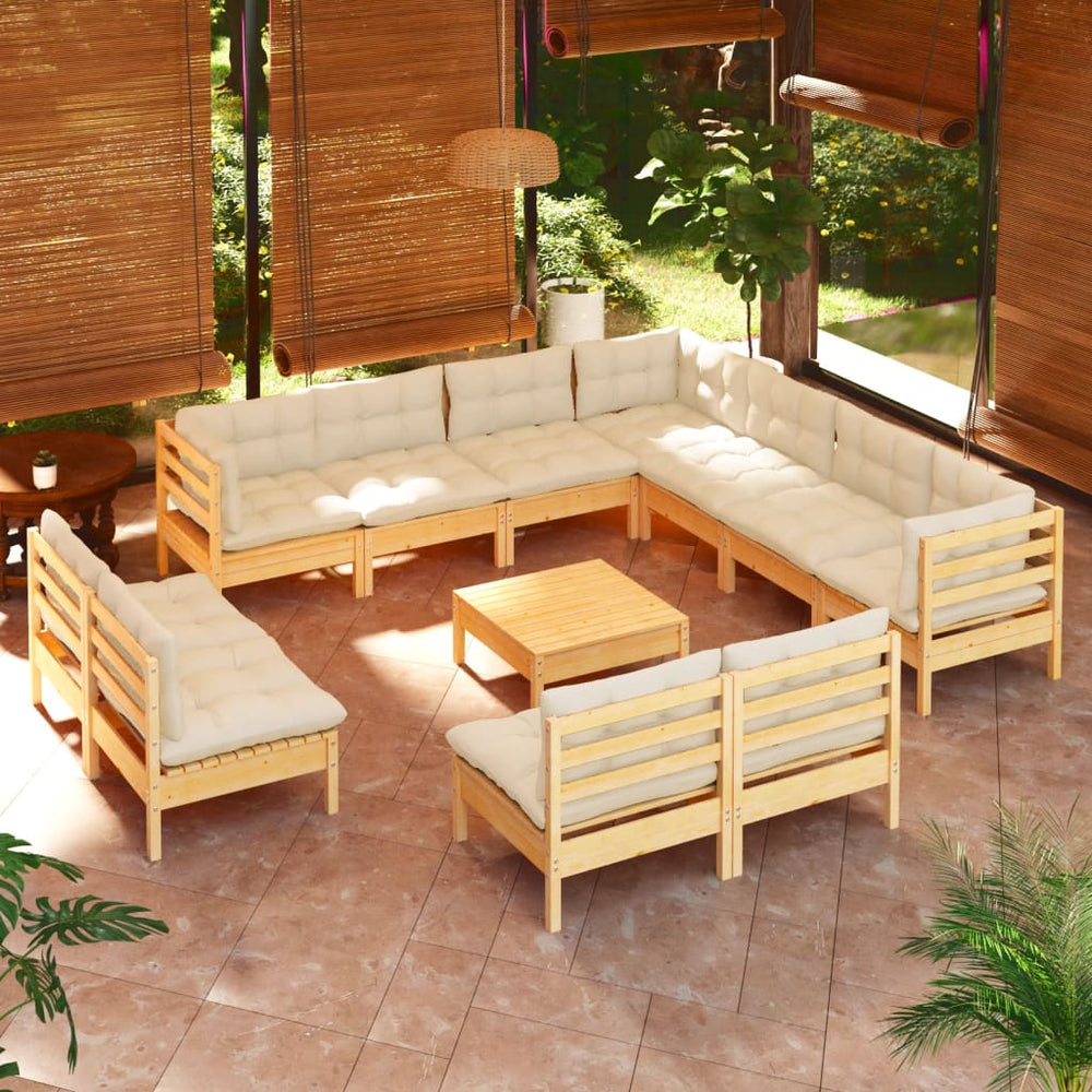 vidaXL Salon de jardin 12 pcs avec coussins crème Bois de pin massif