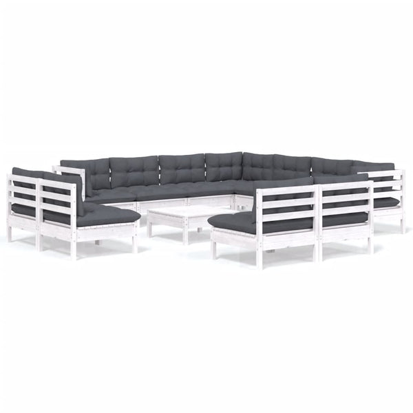 12-tlg. Garten-Lounge-Set mit Kissen Weiß Massivholz Kiefer