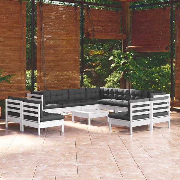 12-tlg. Garten-Lounge-Set mit Kissen Weiß Massivholz Kiefer