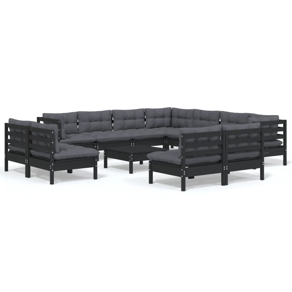 vidaXL Salon de jardin 12 pcs avec coussins Noir Bois de pin massif
