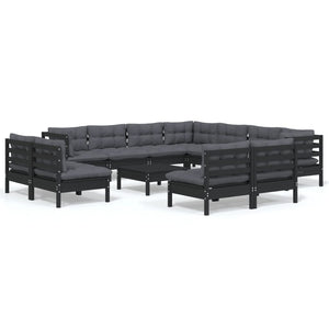 12-tlg. Garten-Lounge-Set mit Kissen Schwarz Massivholz Kiefer