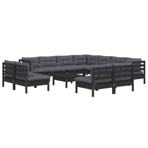 12-tlg. Garten-Lounge-Set mit Kissen Schwarz Massivholz Kiefer