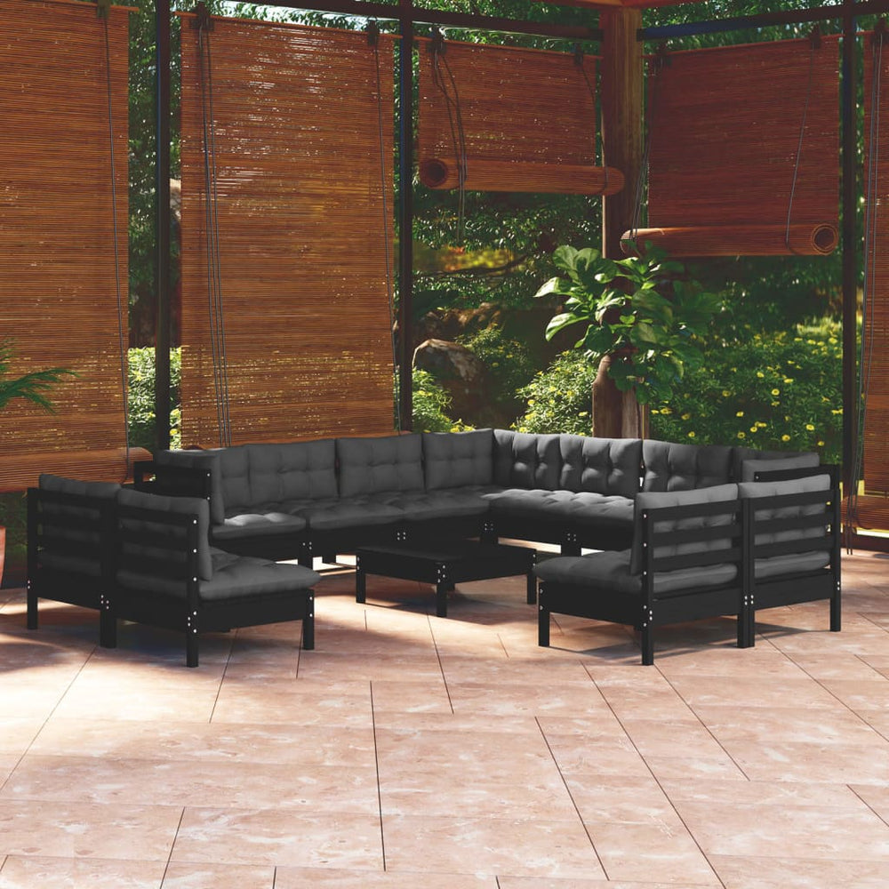 vidaXL Salon de jardin 12 pcs avec coussins Noir Bois de pin massif