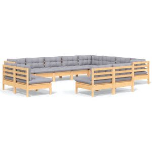 12-tlg. Garten-Lounge-Set mit Grauen Kissen Massivholz Kiefer