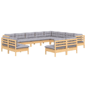 12-tlg. Garten-Lounge-Set mit Grauen Kissen Massivholz Kiefer