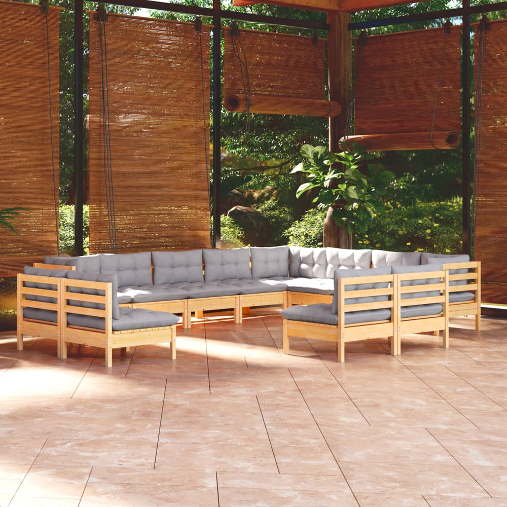 vidaXL Salon de jardin 12 pcs avec coussins gris Bois de pin massif