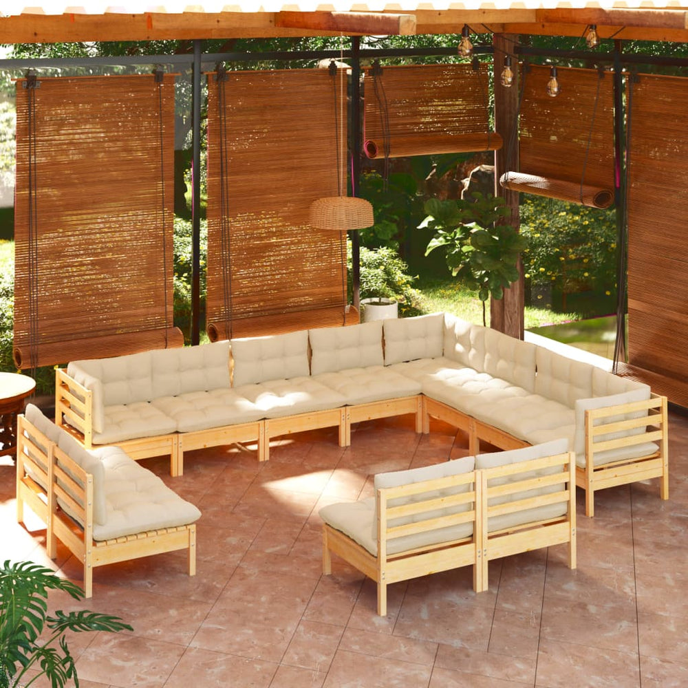 vidaXL Salon de jardin 12 pcs avec coussins crème Bois de pin massif