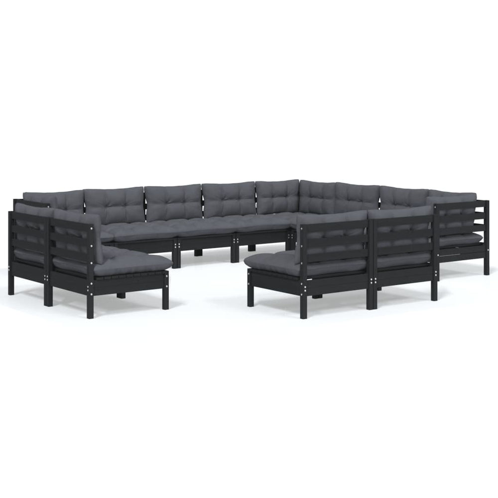 vidaXL Salon de jardin 12 pcs avec coussins Noir Bois de pin massif