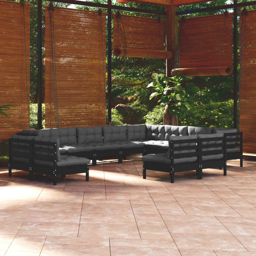 vidaXL Salon de jardin 12 pcs avec coussins Noir Bois de pin massif