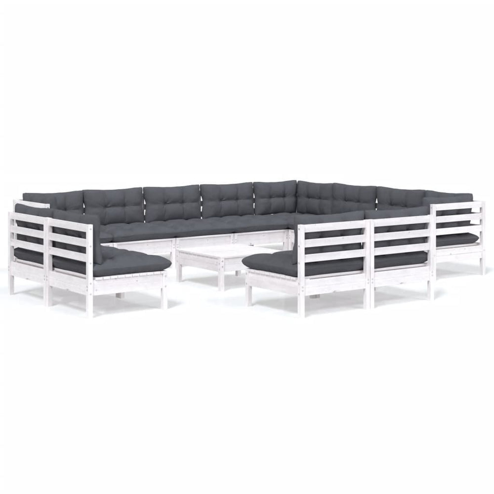 vidaXL Salon de jardin 13 pcs avec coussins Blanc Bois de pin massif