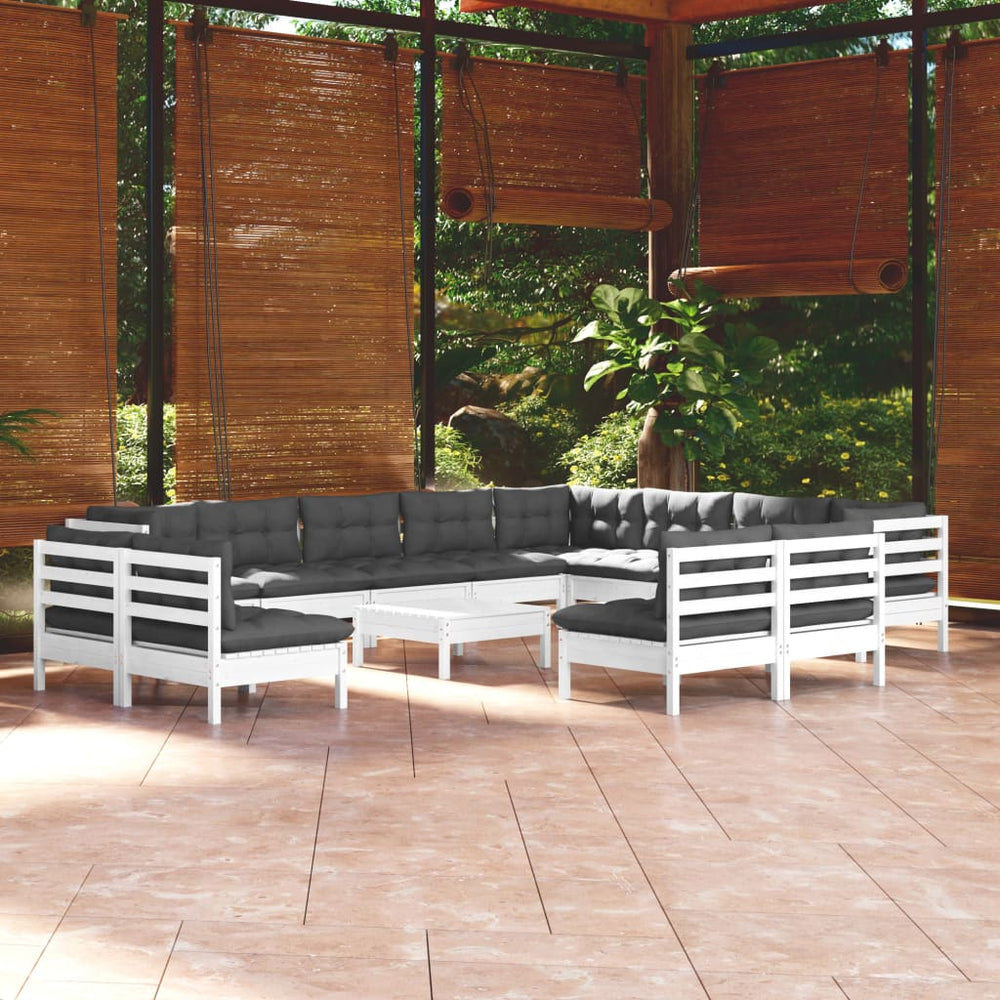 vidaXL Salon de jardin 13 pcs avec coussins Blanc Bois de pin massif