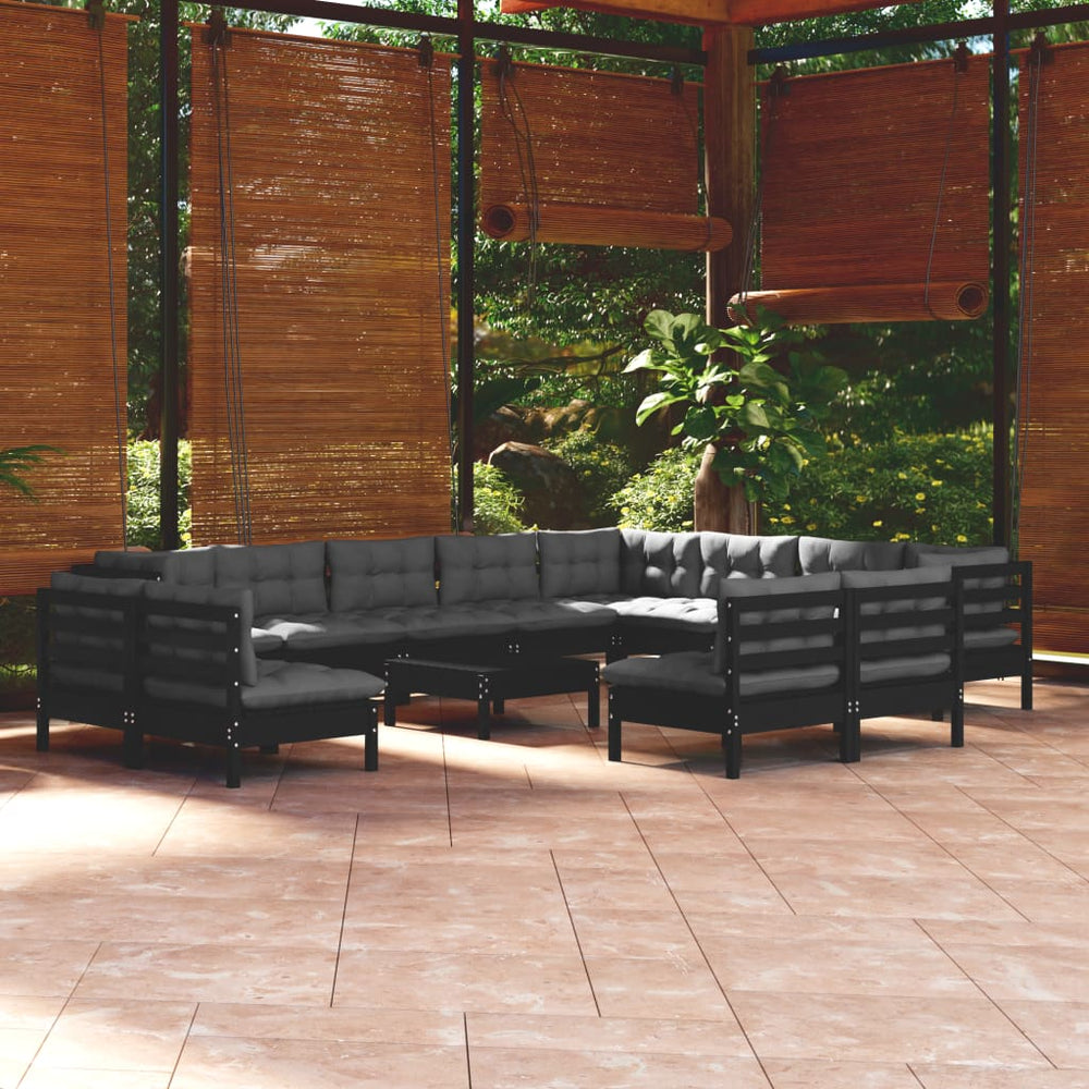 vidaXL Ensemble de jardin 13 pièces avec coussins Noir Bois de pin massif