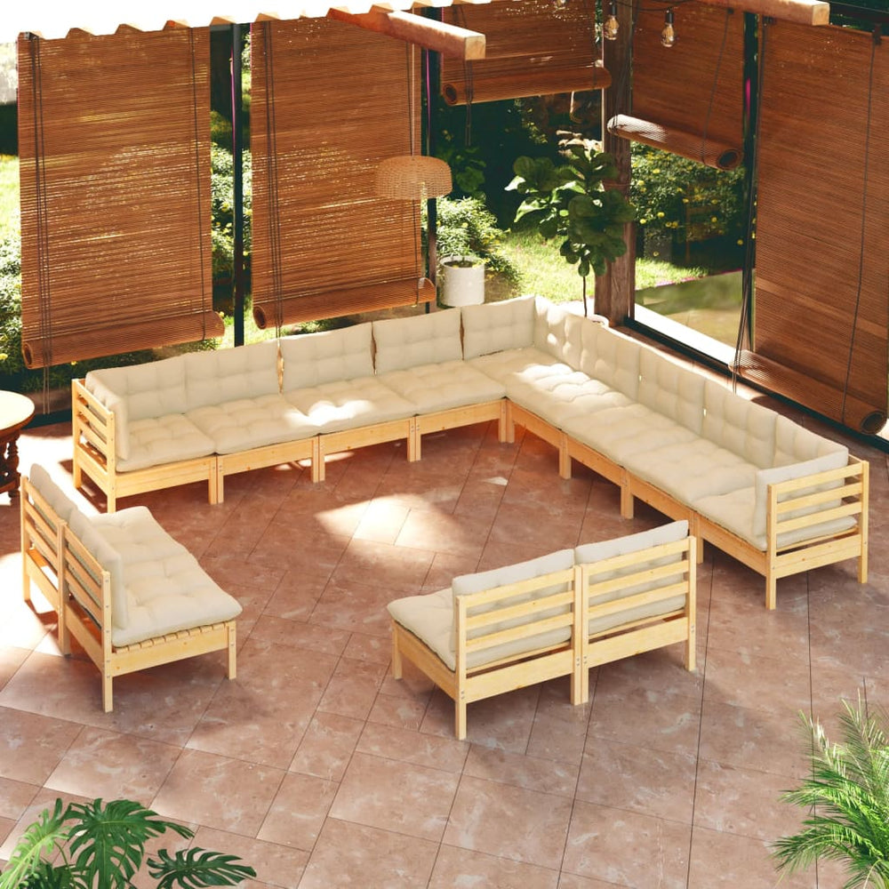 vidaXL Salon de jardin 13 pièces avec coussins crème Bois de pin massif