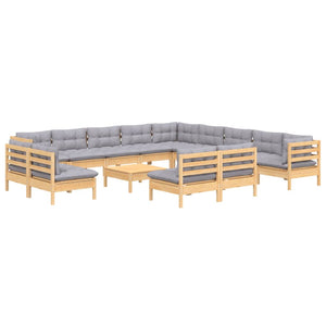 14-tlg. Garten-Lounge-Set mit Grauen Kissen Massivholz Kiefer