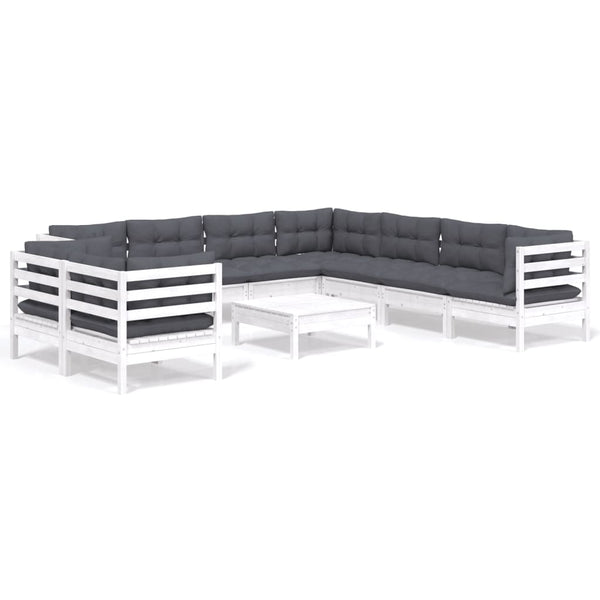10-tlg. Garten-Lounge-Set mit Kissen Weiß Massivholz Kiefer