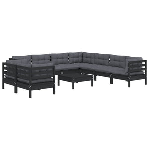 10-tlg. Garten-Lounge-Set mit Kissen Schwarz Massivholz Kiefer