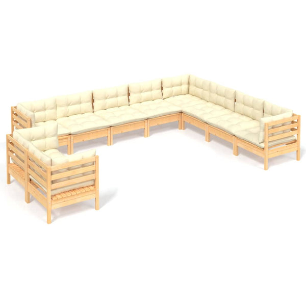 vidaXL Salon de jardin 10 pcs avec coussins crème Bois de pin massif