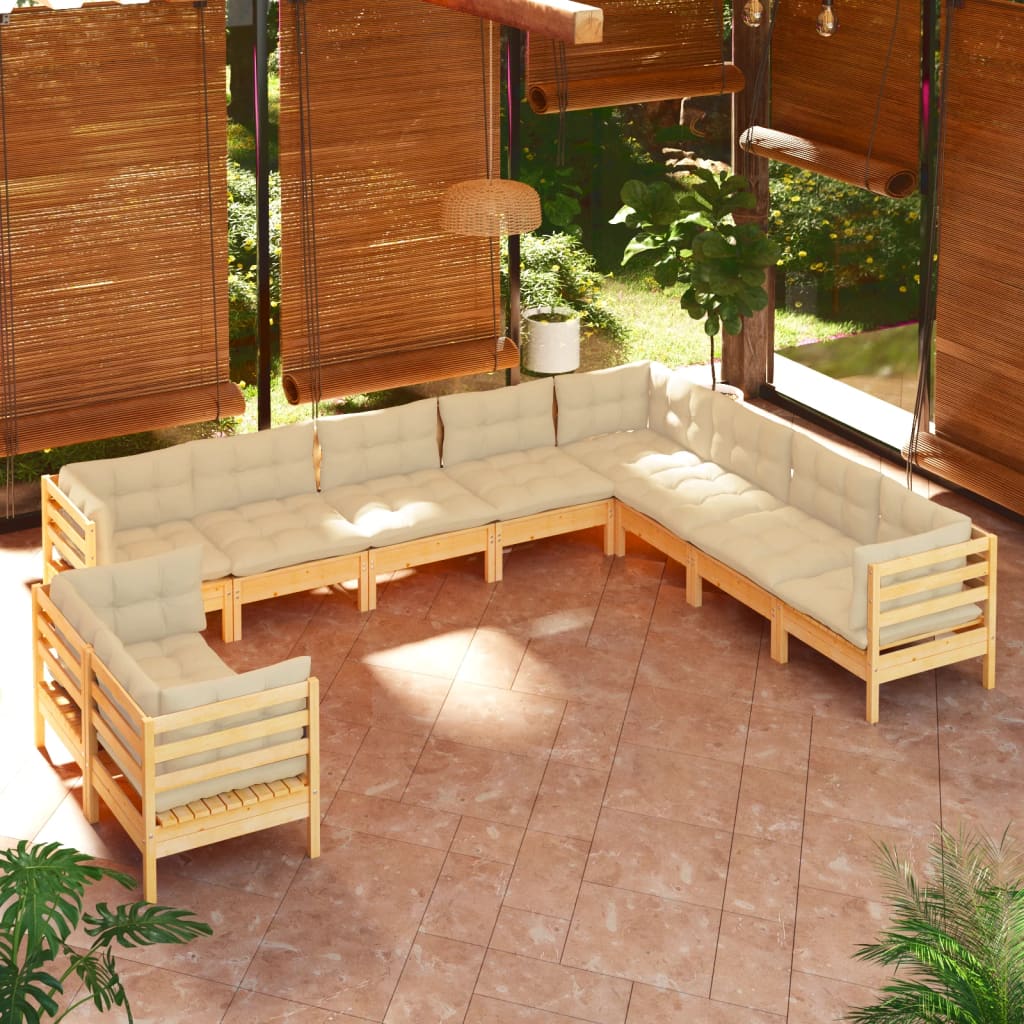 vidaXL Salon de jardin 10 pcs avec coussins crème Bois de pin massif