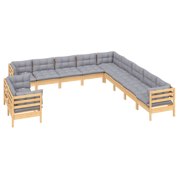 11-tlg. Garten-Lounge-Set mit Grauen Kissen Massivholz Kiefer