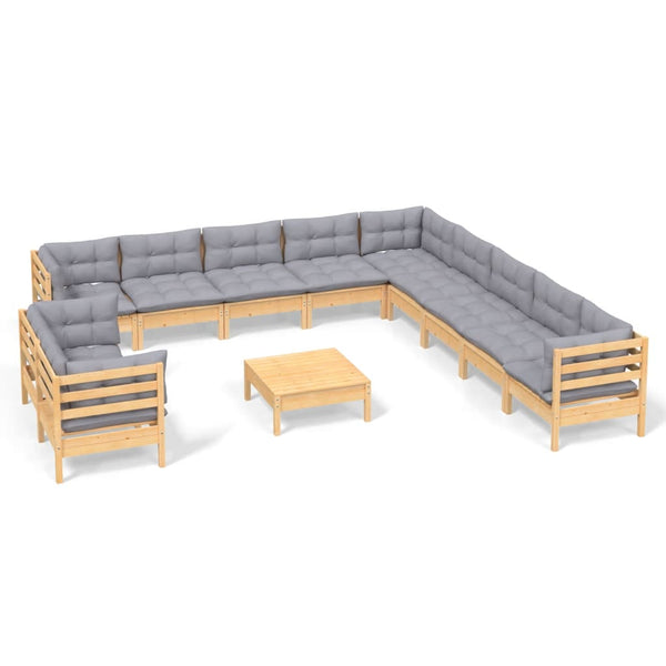 12-tlg. Garten-Lounge-Set mit Grauen Kissen Massivholz Kiefer