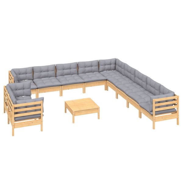 12-tlg. Garten-Lounge-Set mit Grauen Kissen Massivholz Kiefer