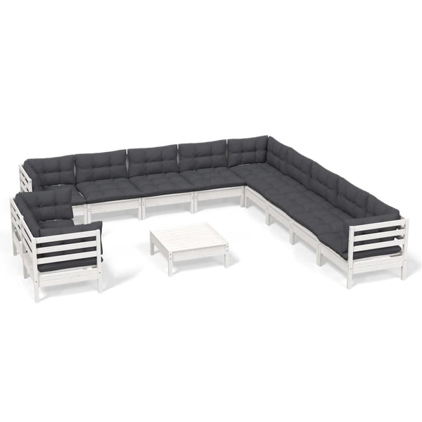 12-tlg. Garten-Lounge-Set mit Kissen Weiß Massivholz Kiefer