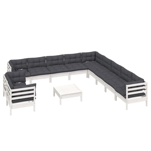 12-tlg. Garten-Lounge-Set mit Kissen Weiß Massivholz Kiefer