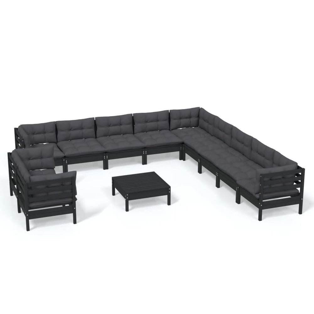 vidaXL Salon de jardin 12 pcs avec coussins Noir Bois de pin massif