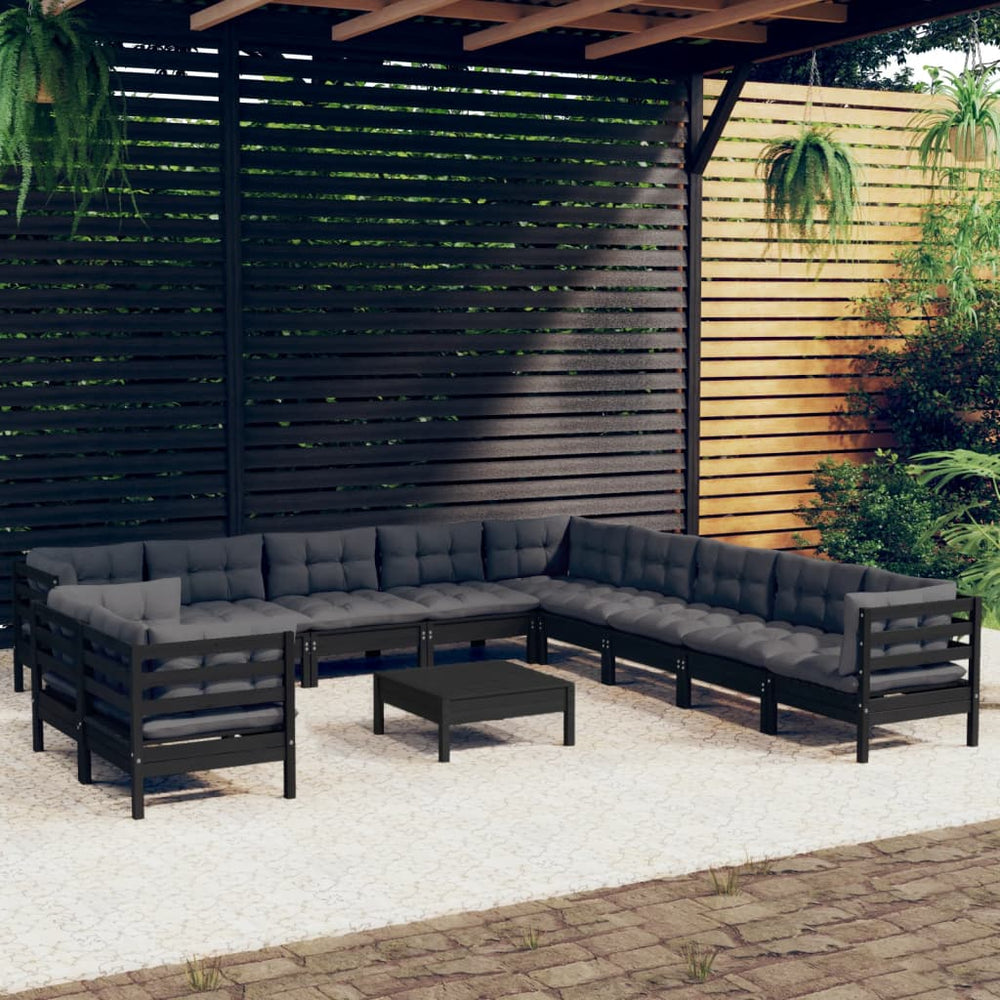 vidaXL Salon de jardin 12 pcs avec coussins Noir Bois de pin massif