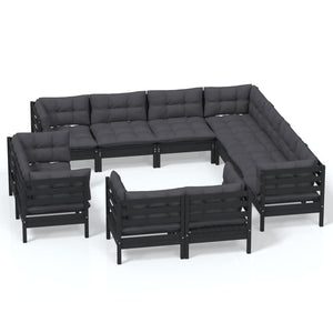vidaXL Ensemble de jardin 11 pcs avec coussins Noir Bois de pin massif
