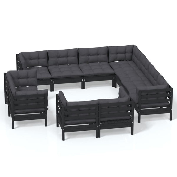 vidaXL Ensemble de jardin 11 pcs avec coussins Noir Bois de pin massif