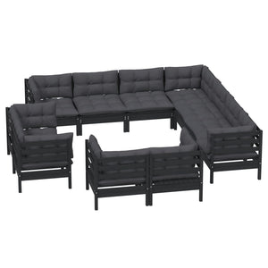 vidaXL Ensemble de jardin 11 pcs avec coussins Noir Bois de pin massif