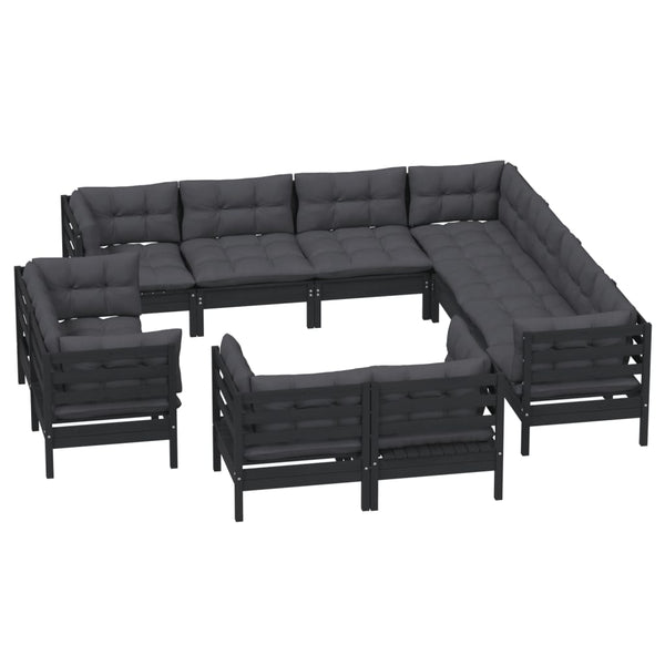 vidaXL Ensemble de jardin 11 pcs avec coussins Noir Bois de pin massif