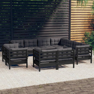 vidaXL Ensemble de jardin 11 pcs avec coussins Noir Bois de pin massif