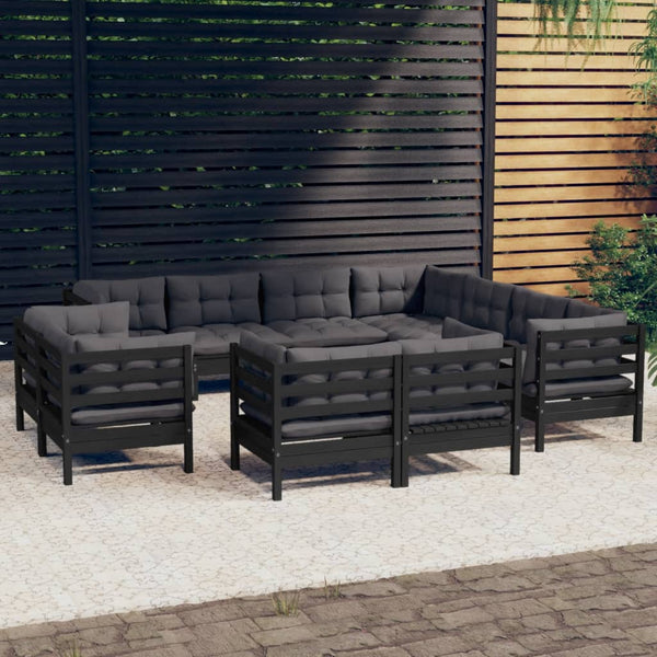 vidaXL Ensemble de jardin 11 pcs avec coussins Noir Bois de pin massif