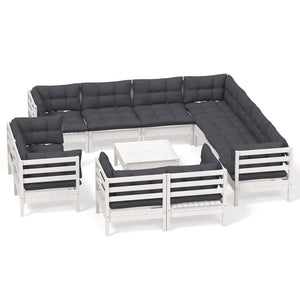 12-tlg. Garten-Lounge-Set mit Kissen Weiß Massivholz Kiefer