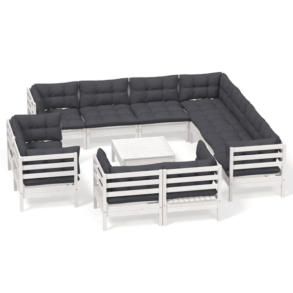 12-tlg. Garten-Lounge-Set mit Kissen Weiß Massivholz Kiefer