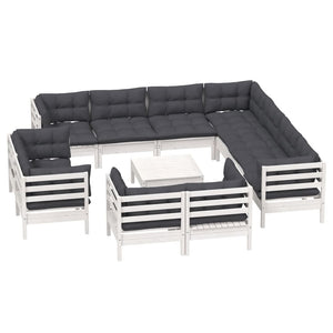 12-tlg. Garten-Lounge-Set mit Kissen Weiß Massivholz Kiefer