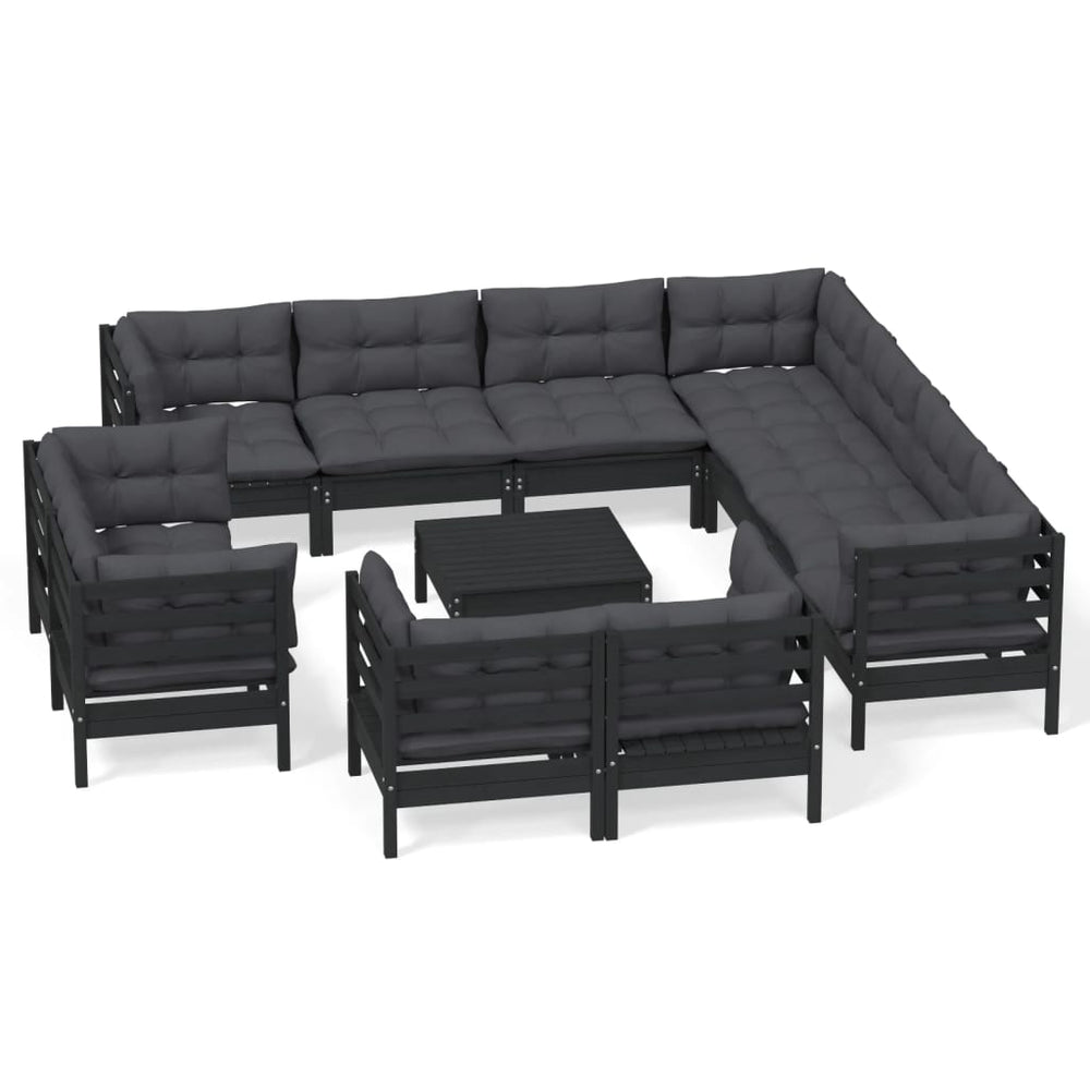 vidaXL Salon de jardin 12 pcs avec coussins Noir Bois de pin massif