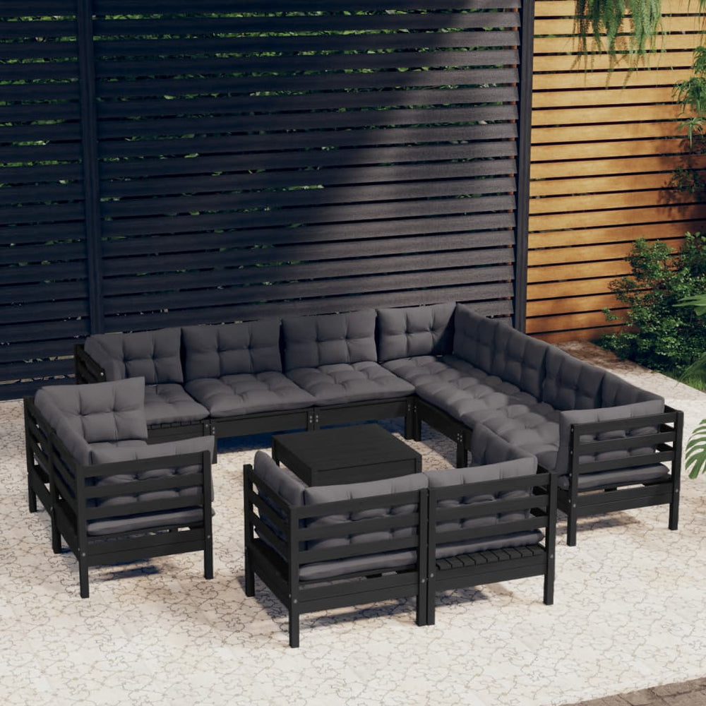 vidaXL Salon de jardin 12 pcs avec coussins Noir Bois de pin massif